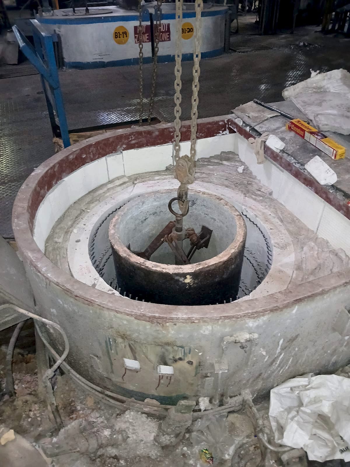 The crucible lowered into the furnace by crane