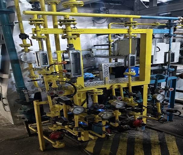 Rebuilt gas mixing panel with new flow meters, valves and yellow gas lines